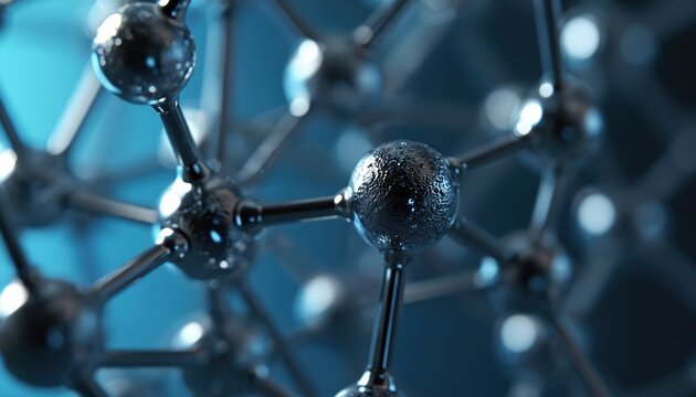 Metallic atom molecular structure with interconnected bonds. Microscopic research, science, and tech network model. Abstract molecular linkage, close-up scientific detail. - Powered by Adobe