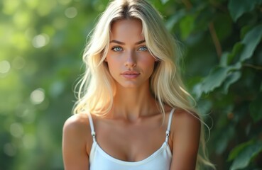 Naklejka premium Attractive blonde woman with blue eyes in white top outdoors. She has long wavy hair and a gentle expression. Nature background with green foliage creates a serene atmosphere for beauty portraits.