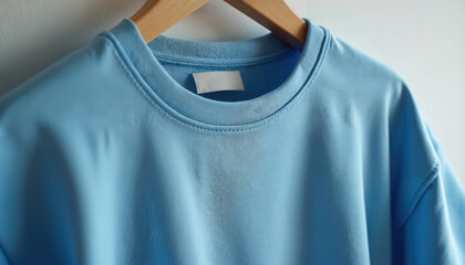 Light blue t-shirt hangs on wooden hanger. Minimalist casual wear made of soft cotton fabric. Blank label visible on crew neck. Clean background emphasizes simple garment.