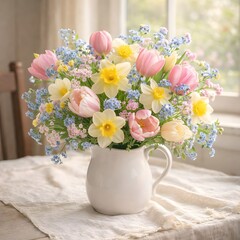 Obraz premium Spring bouquet with tulips and daffodils in white pitcher