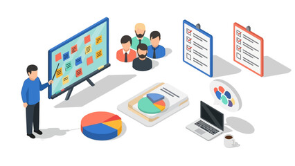 Obraz premium Isometric office infographic with charts, team collaboration, and