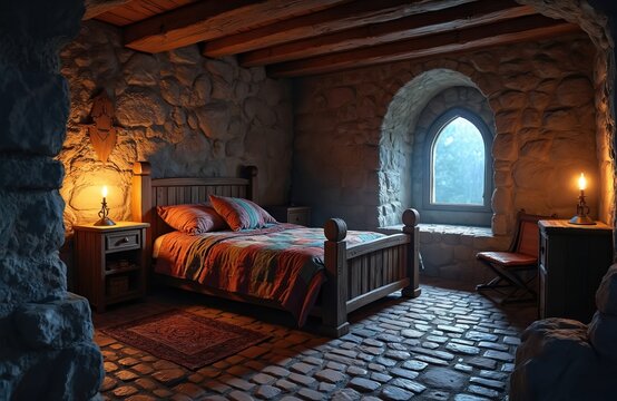 Rustic medieval bedroom with stone walls, wooden bed and rustic quilt. Candlelight illuminates cobblestone floor and arched window showing forest.