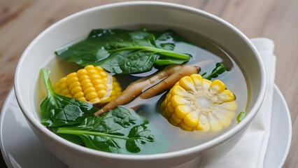 Close-up of a healthy vegetable soup with corn, spinach, and root vegetables in a white bowl.
