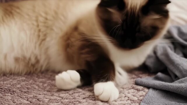 Domestic cat with white paws and brown face lying on carpet.