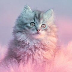 Fototapeta premium kitten with oversized fluffy fur, ultra soft focus, cute fantasy look, pastel tones