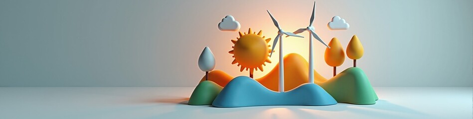 Renewable energy concept with 3D wind turbines in a stylized landscape. Green power and sustainability for Earth Day. Environmental conservation banner with copy space