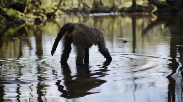 Wild monkey with long tail wading in reflective water of a lush forest, foraging in its natural habitat