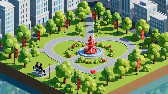 Cartoon Couple Sitting on Bench in Heart Shaped Park Animation