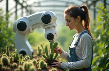 Female farmer works with robot arm in greenhouse. They plant cacti together using smart technology. Automation helps in modern agri business. Future farming innovation.