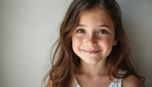 Young girl with freckles smiles into camera. She has long brown hair and brown eyes. Natural light illuminates her face. Casual attire is worn. Studio portrait.