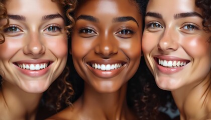 Three diverse women friends smile with healthy white teeth, showing natural beauty, skin glow. They share happiness, confidence in togetherness. Skincare ads, beauty blogs, wellness content benefit.
