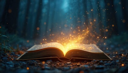 Open book emits bright golden sparks in dark forest at night. Magical light shines from pages in enchanted woods. Fantasy story unfolds with glowing particles.