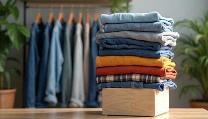 Clean folded apparel rests on wooden crate next to tidy rack of jeans and shirts. Freshly laundered garments imply pro care and home convenience. Easy wardrobe upkeep.