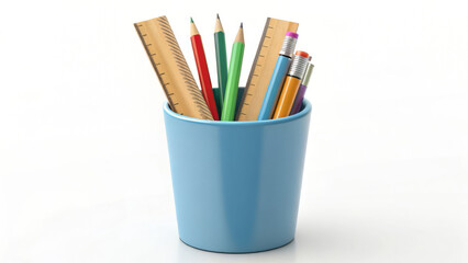 Stationery items in a blue cup