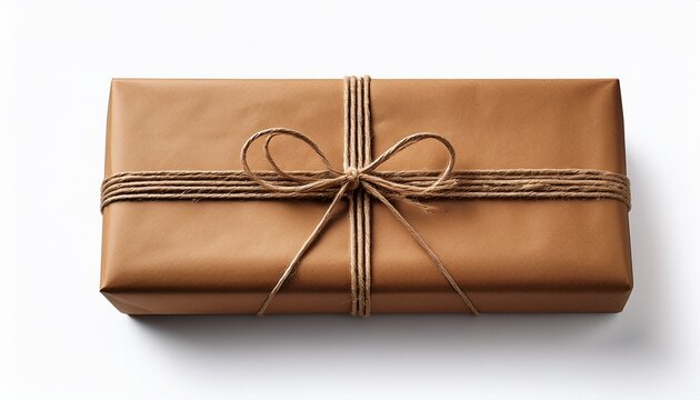 Wrapped Brown Parcel Tied With Twine On White