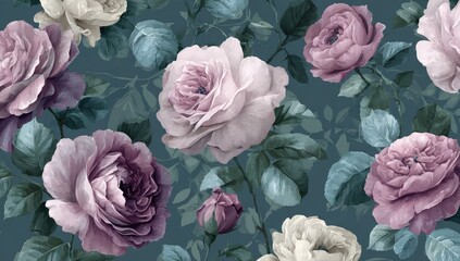 Floral wallpaper showing detailed pastel-toned roses with foliage on a deep teal background