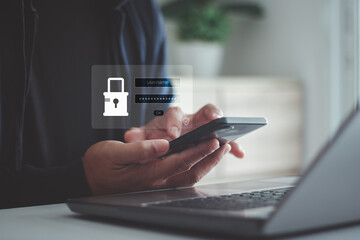 Secure mobile login concept with smartphone and laptop, showing password protection and digital security interface. Cybersecurity, online banking, data protection and secure technology services.