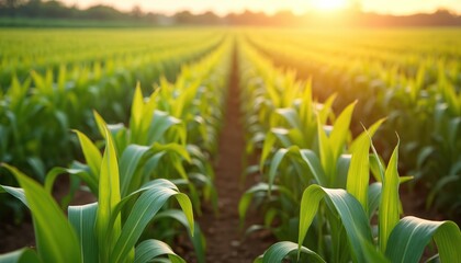 Fototapeta premium Rows of young green corn plants grow in a field at sunset. The sun shines brightly through the stalks, casting a warm golden light over the agricultural landscape.