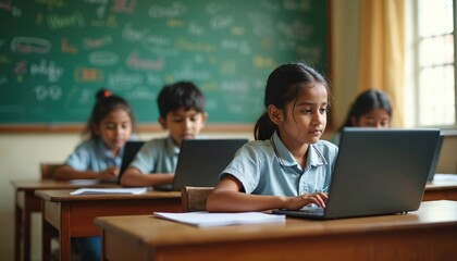 Indian students in uniform work on laptops in classroom setting. Children learn digital skills in front of green chalkboard with drawings. School education is modernizing.