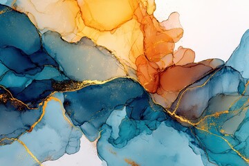 Fototapeta premium Abstract fluid art piece displaying vibrant colors with metallic accents and organic shapes