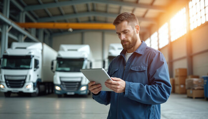 Man in blue jacket uses tablet in warehouse. White trucks parked inside large industrial storage facility. Worker checks inventory delivery details on screen. Bright sunlight streams through windows.