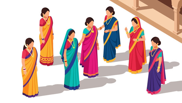 Isometric group of women in vibrant traditional indian sarees engaging in conversation