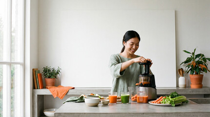 A woman makes juice with various fruits and vegetables in a kitchen. She appears focused and enjoys the process, surrounded by fresh ingredients. 