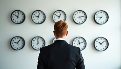 Businessman adjusts glasses facing wall of multiple clocks, time management, global business operations. Appears focused, contemplating schedules, deadlines, representing corporate strategy, career
