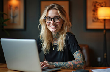 Young woman with tattoos wears glasses typing on a laptop computer at a wooden table. She smiles while working indoors in a modern studio office space.