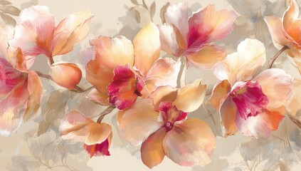 A floral watercolor rendering of orchids in soft hues of orange, peach, and pink