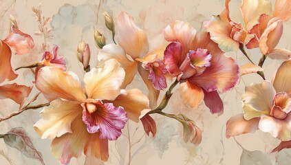 Fototapeta na wymiar Watercolor-style depiction of orchids in varying shades of peach, coral, and pink against a beige backdrop