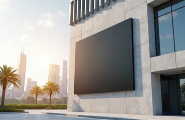 Large empty black billboard attached to modern concrete building exterior. City skyline with skyscrapers and palm trees in background. Sunny day with light clouds.