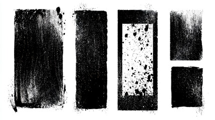 Set of grunge rolled ink stamp textures handmade with brayer Letterpress vintage rough rectangle vertical backgrounds Linocut relief printing shapes vector illustration isolated 