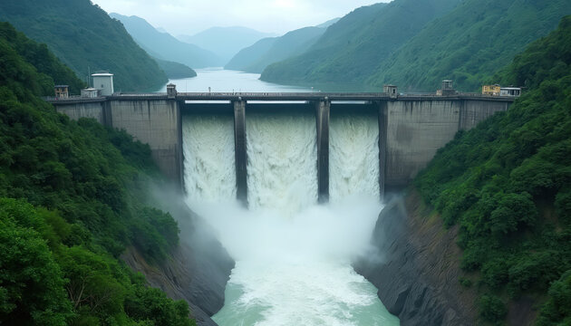 Massive dam releases powerful water flow. Renewable energy generated from falling water in rich green valley. Structure holds back vast reservoir, supplying electricity to nearby region.