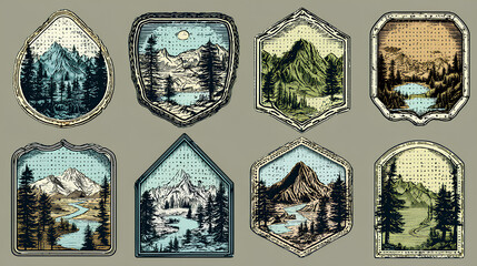 Set of nine topographic map travel emblems. Outdoor adventure emblems, badges and logo patches. Forest camp labels in vintage style. Map pattern with mountain texture and grid Stock Vector