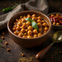 Channa masala with spices and herbs in a rustic bowl