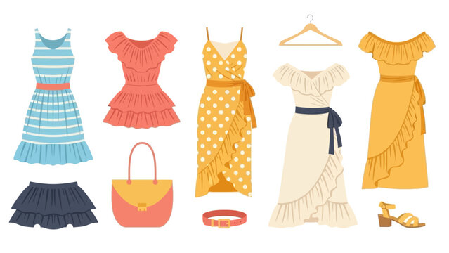 Summer fashion collection with dresses and accessories in flat design