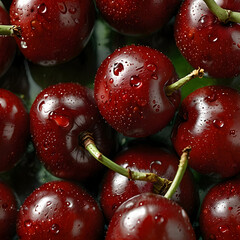 Plump glossy cherries with water droplets on fresh green leaves