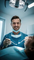 Male dentist wearing blue uniform and surgical mask holding dental tools while smiling at patient in modern clinic under bright examination light