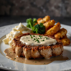 Chicken fried steak with creamy gravy served on a white plate