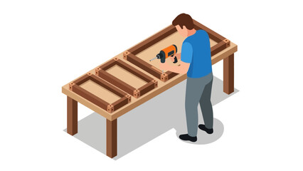 Isometric workshop scene with carpenter using electric drill