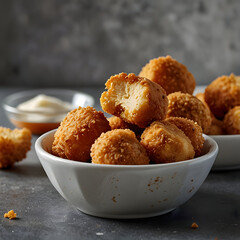 Crispy chicken nuggets served with dipping sauces in a modern kitchen