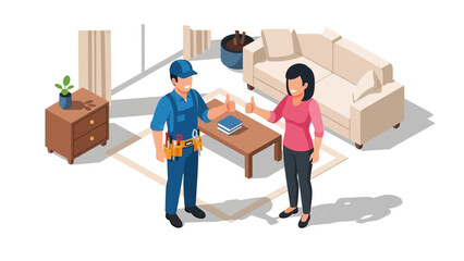Handyman and woman smiling in living room setting with modern isometric design