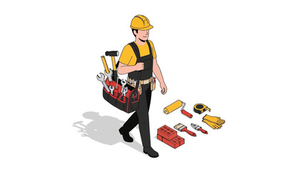 Construction worker in isometric style with tools and safety gear