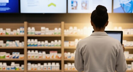 A pharmacist in a white coat works at a computer terminal in a well stocked retail dispensary surrounded by shelves of medications.