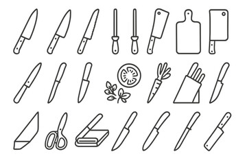 Kitchen Tools Icons. Line style icons of Food Prep Blades: chef knife, paring knife, bread knife, santoku, cleaver, carving knife,