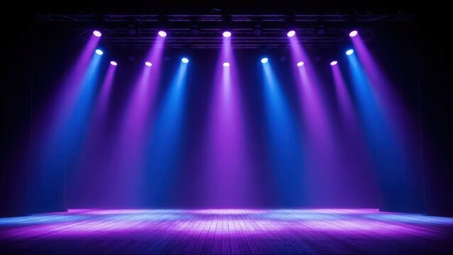 Vibrant stage lights illuminate empty theater