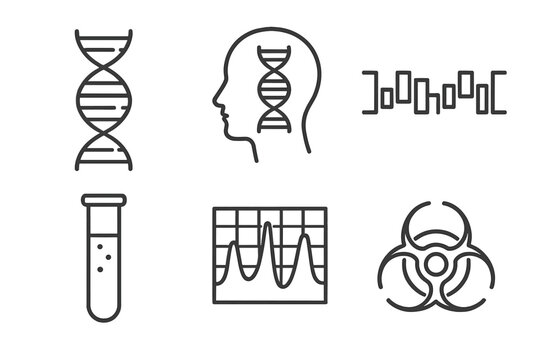 Genetic Profiling Icons. Line vector icons of genetic profiling: double helix, profile head, nucleobase line, test tube, result