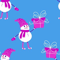 Christmas cartoon ice seamless snowman pattern for wrapping paper and fabrics