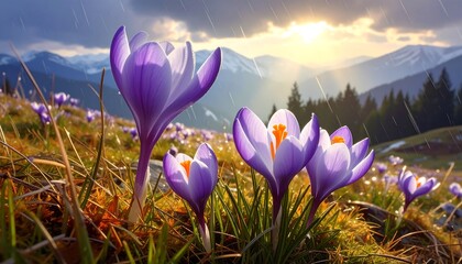 Crocuses blooming in the rain against a backdrop of majestic mountains and sunlight